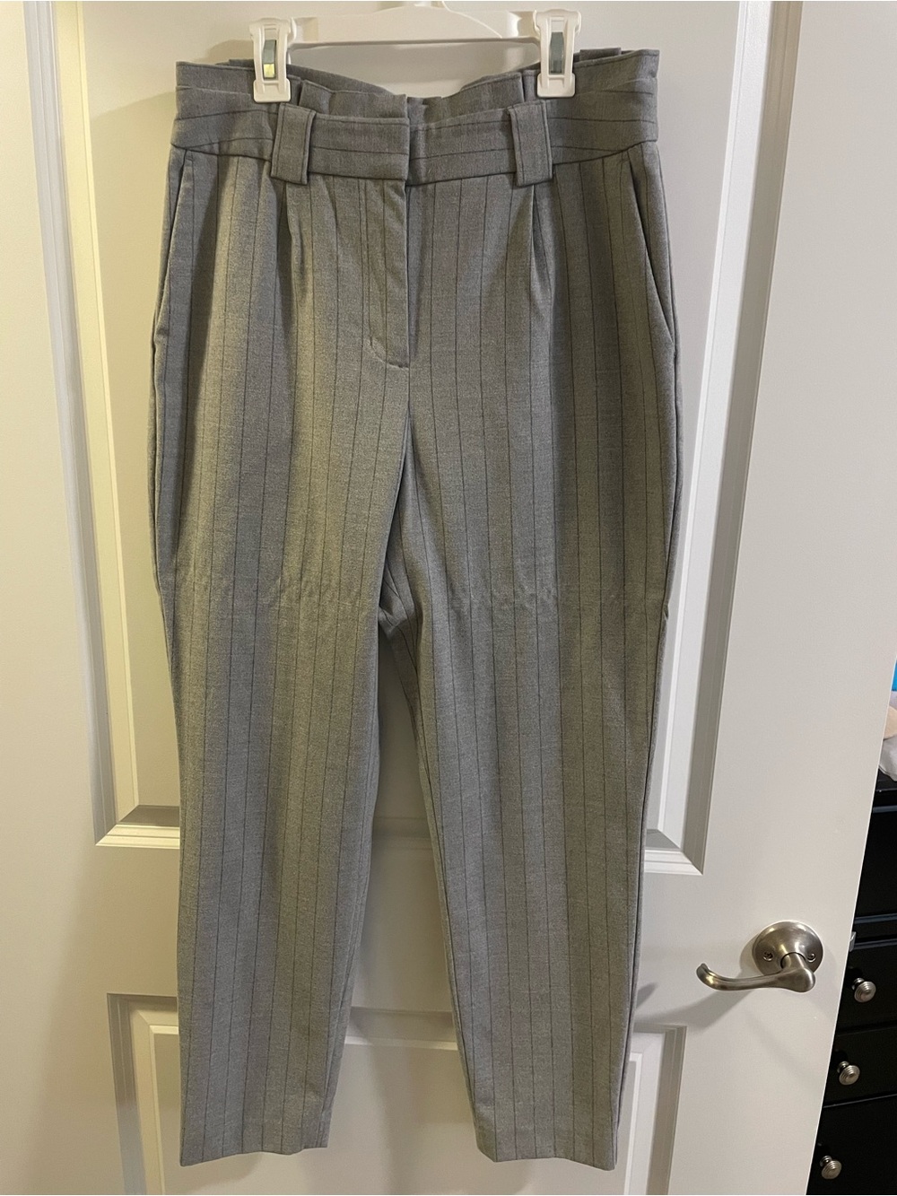 Express Gray Pinstripe High-Waist Tapered Paperbag Trousers
